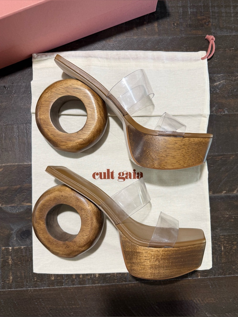 NIB Cult Gaia Remi Clear Wood Circle Platform Sandals Sz 38 EU Summer Resort - Picture 2 of 16